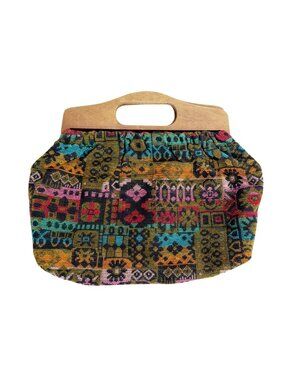 VTG 70s tapestry Patchwork Carpet Bag Boho Wooden Handle Statement Clutch Purse